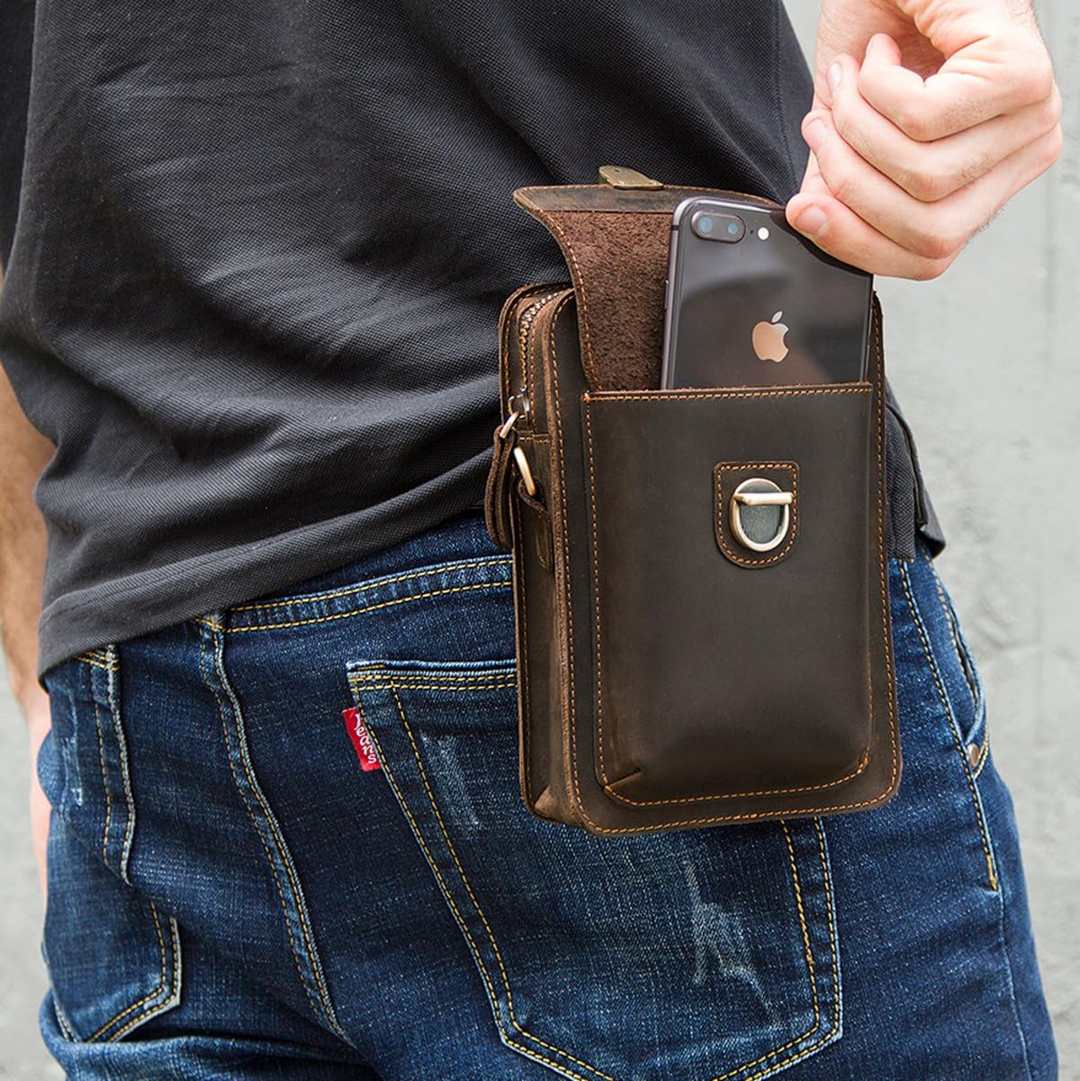 Contacts Men Waist Pack Small Shoulder Bag Pouch Purse Genuine Leather Vintage Travel Cell Phone Bag with Card Holder