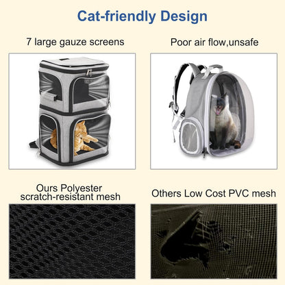 Pet Backpack Carrier Double-Compartment, Portable Pet Cat Carrier Travel for 2 Small Cats or Dogs, Breathable Large Size Cat Carrier Backpack, Perfect for Travel/Hiking/Camping/Walking Outdoor, Grey