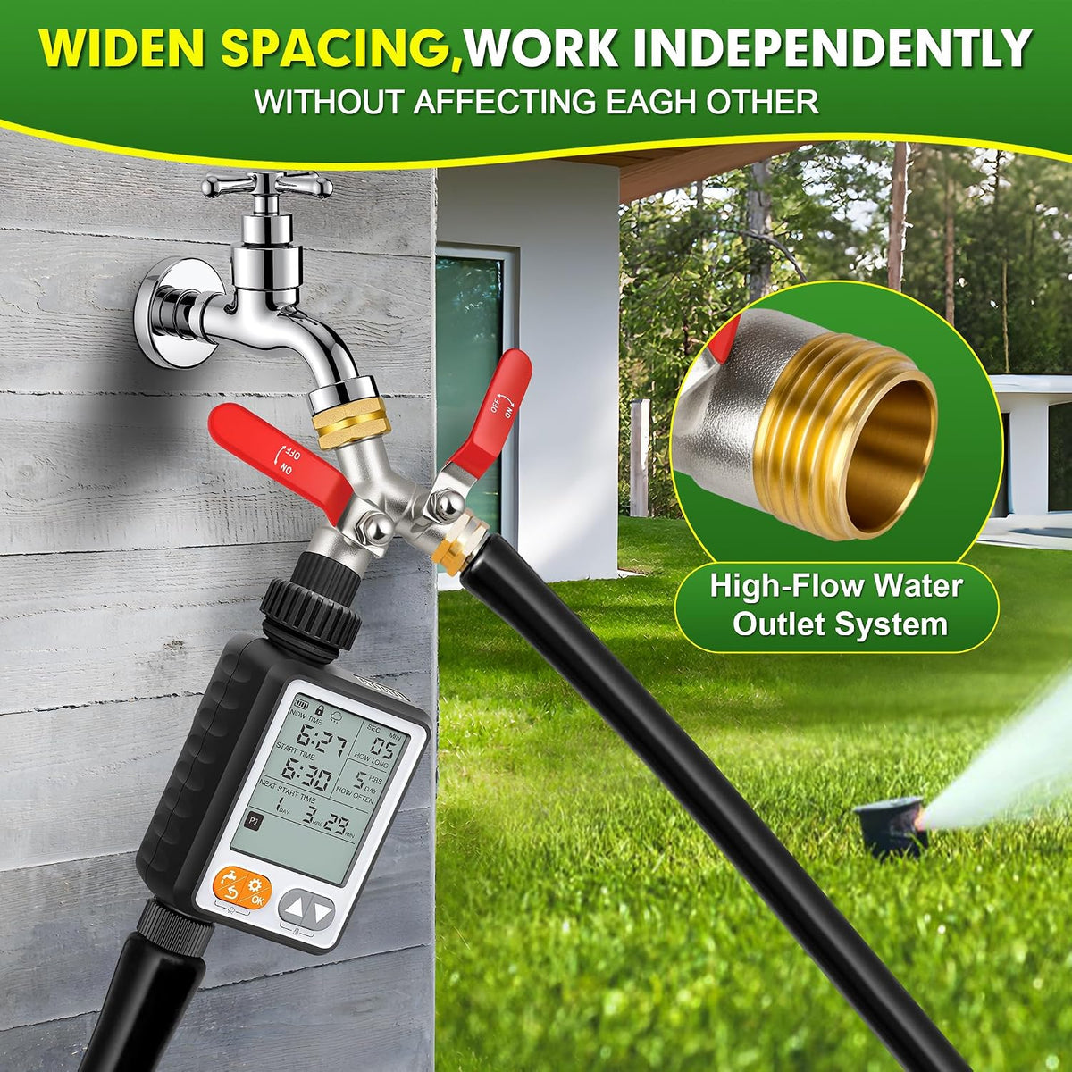 Hose Splitter 2 Way, Garden Hose Splitters, 3/4” GHT Inlet Brass Heavy Duty Hose Converter, Water 2 Way Faucet Hose Splitter, Long Handle Hose Valve Large Outlet.
