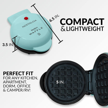 Nostalgia MyMini Personal Electric Waffle Maker, 5-Inch Cooking Surface, Waffle Iron for Hash Browns, French Toast, Grilled Cheese, Quesadilla, Brownies, Cookies, Aqua