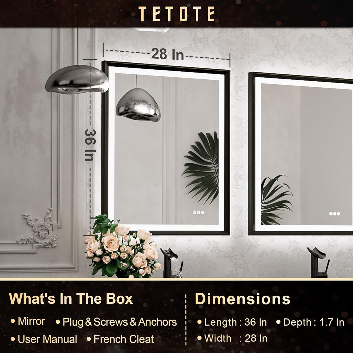 TETOTE 28x36 LED Mirror for Bathroom Black Metal Frame Frontlit & Backlit Lighted Vanity Mirror Baroque Gothic Anti Fog Stepless Dimmable White/Warm/Natural,Wall Mounted(Horizontal/Vertical)