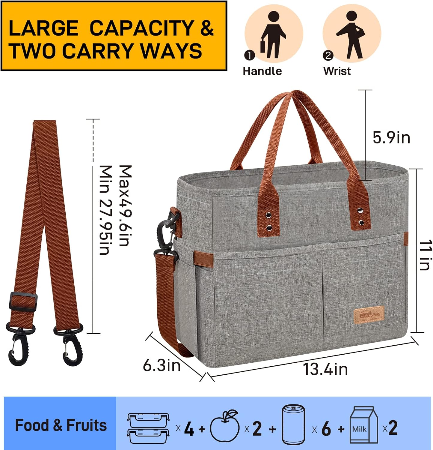 HOMESPON Lunch Bag for Woman Man Adults with Front Pocket Insulated Lunch Tote Lunch Box Container for Work Picnic or Travel(Black)