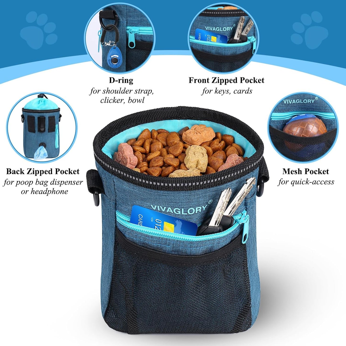 VIVAGLORY Dog Training Treat Pouch, 4Ways to Wear Dog Treat Bags, Built in Dog Waste Bag Dispenser Treats Training Bags with Reflective Adjustable Shoulder Strap, Heather Blue