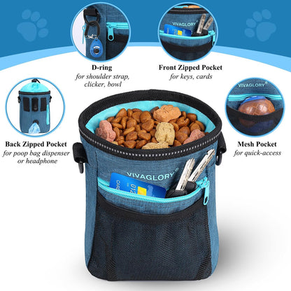 VIVAGLORY Dog Training Treat Pouch, 4Ways to Wear Dog Treat Bags, Built in Dog Waste Bag Dispenser Treats Training Bags with Reflective Adjustable Shoulder Strap, Black