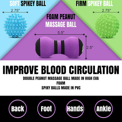 Massage Ball Set for Trigger Point Myofascial Release | Premium 6 Pack Muscle Massager Tools for Plantar Fasciitis | Foot Reflexology | Deep Tissue Therapy | Spiky Peanut 3 Massage Balls