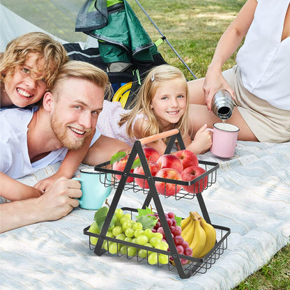 2 Tier Countertop Fruit Basket,Portable Fruit Bowle Basket for Kitchen Organizer Storage & Dining Room Fruits Vegetable Bread Snacks,MAHUEEOL Detachable Metal Rectangle Basket Storage