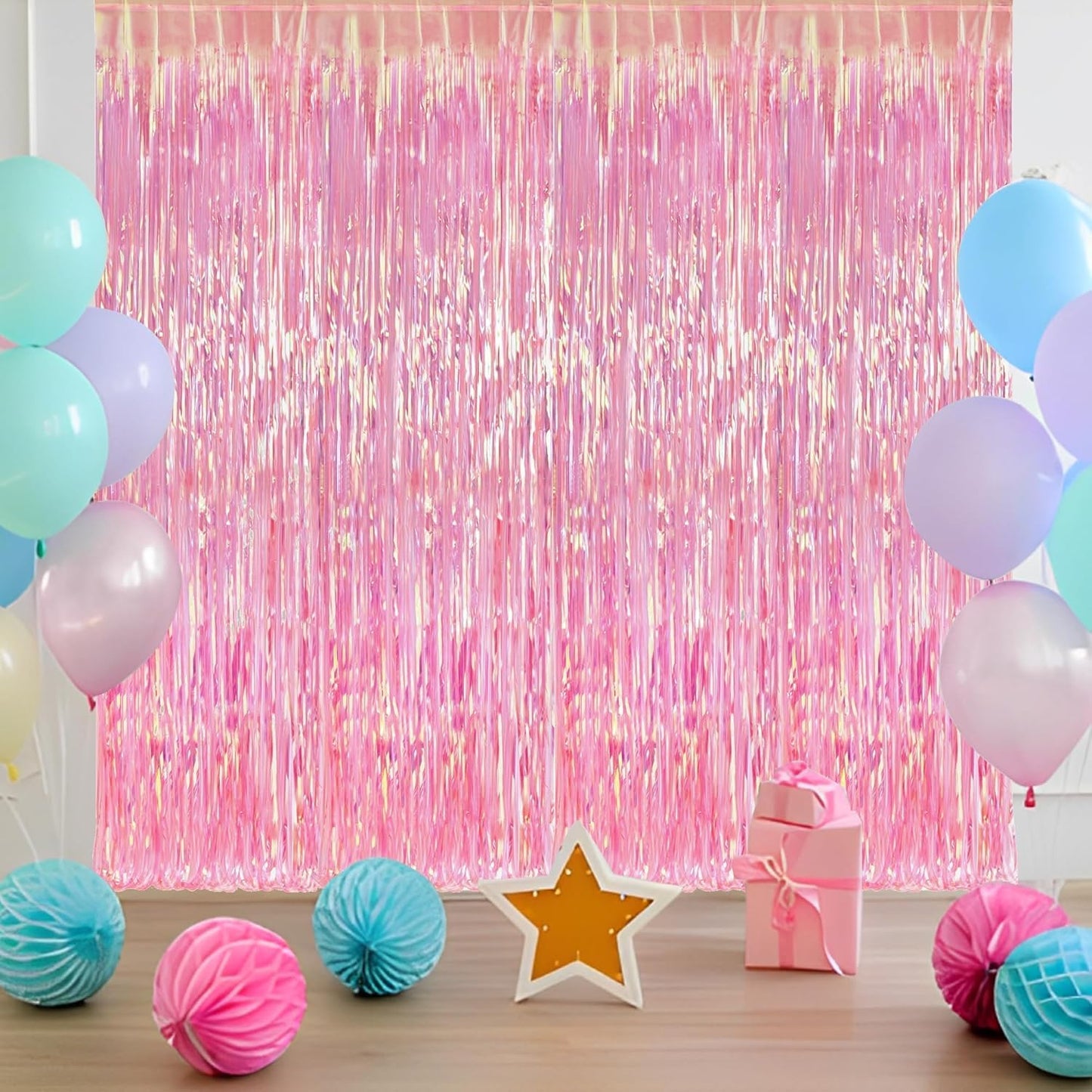 BRAVESHINE Pink Glitter Tinsel Foil Fringe Curtain - 2 Pcs 3.2x8.2 ft Metallic Party Supplies Photo Backdrop for Girl Princess Birthday Unicorn Bachelorette Butterfly Bridal Shower Party Decorations
