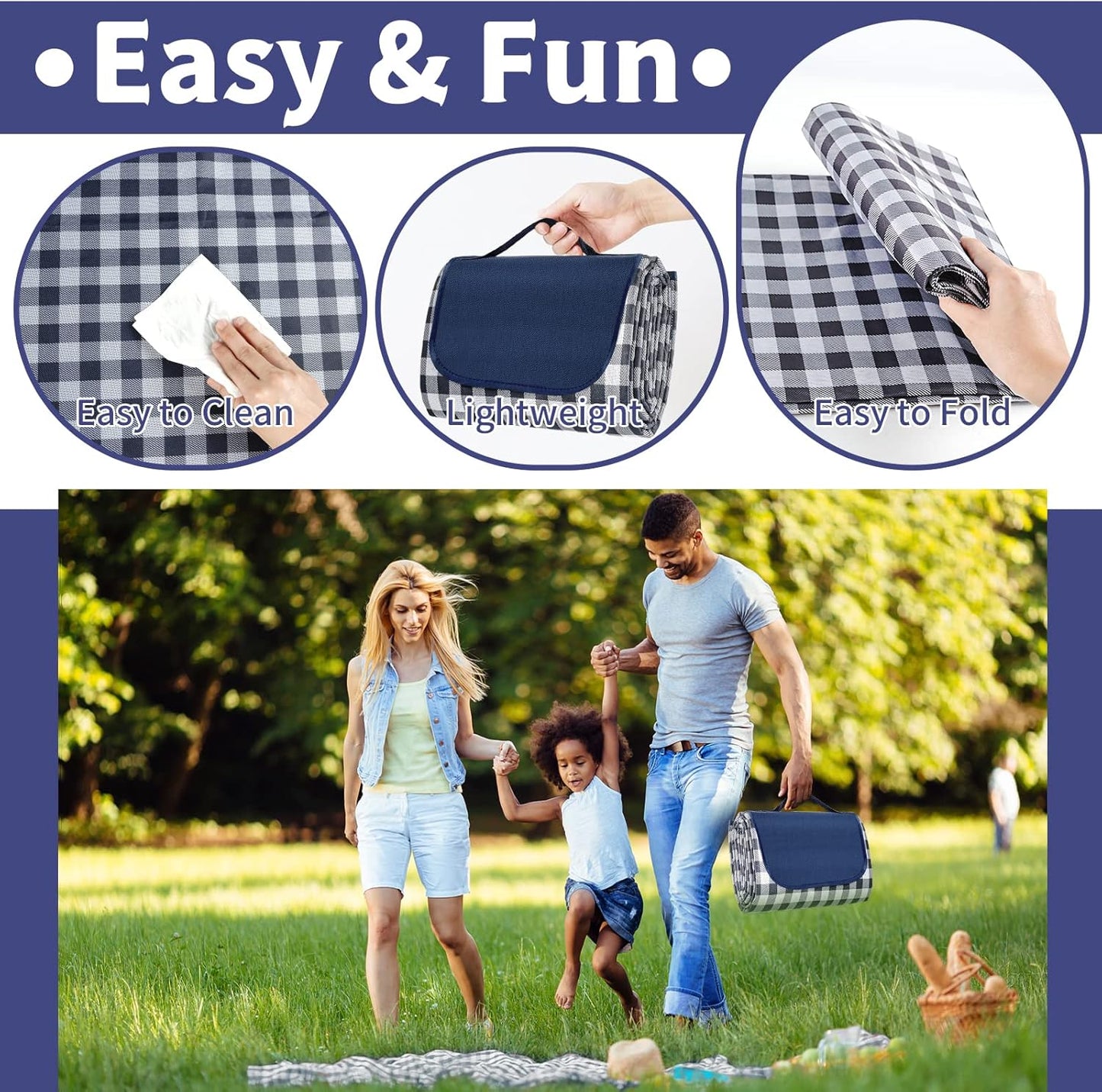Extra Large Outdoor Picnic Blanket, 79"x79" Waterproof Picnic Mat, Sandproof Beach Blanket Portable Camping Blanket Lightweight for Park Beach Camping Courtyard (Dark Blue)