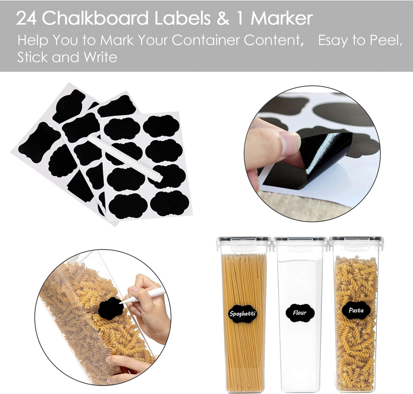 Vtopmart Extra Large Tall Airtight Food Storage Containers, 4 Pieces 6.5L Plastic Kitchen Pantry Storage Containers for Spaghetti, Flour and Baking Supplies - Include 24 Labels, Black