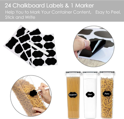 Vtopmart Extra Large Tall Airtight Food Storage Containers, 4 Pieces 6.5L Plastic Kitchen Pantry Storage Containers for Spaghetti, Flour and Baking Supplies - Include 24 Labels, Black