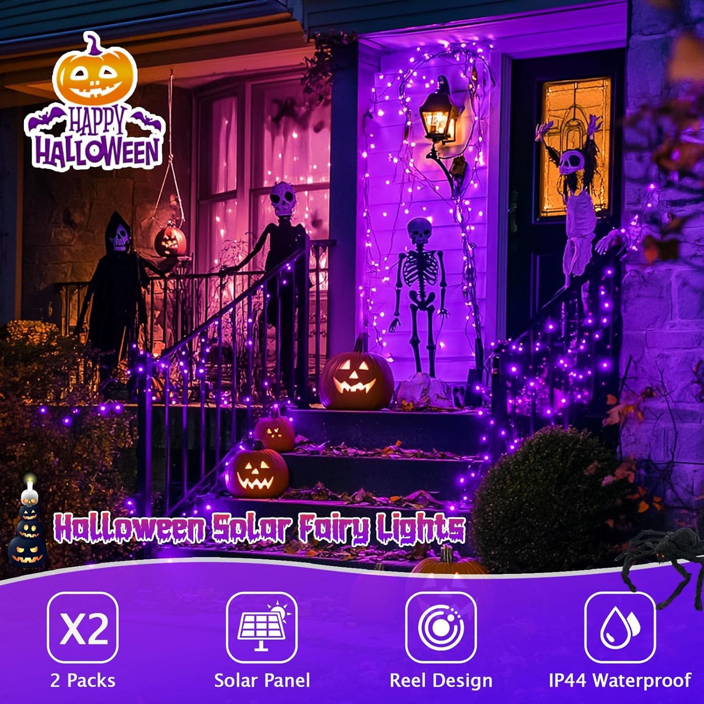 Solar Halloween Decoration Lights, JMEXSUSS 2 Pack 33FT 100 LED Orange and Purple Halloween String Lights, Halloween Lights with 8 Modes for Halloween Tree Yard Outdoor Spooky Party Garden Decorations