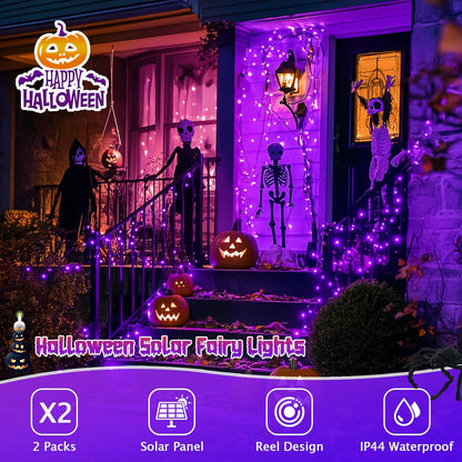 Solar Halloween Decoration Lights, JMEXSUSS 2 Pack 33FT 100 LED Orange and Purple Halloween String Lights, Halloween Lights with 8 Modes for Halloween Tree Yard Outdoor Spooky Party Garden Decorations