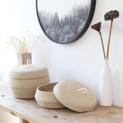 Sea Team Round Cotton Rope Storage Basket with Lid, Decorative Woven Storage Bin, Pot, Caddy, Organizer, Container for Snacks, Towels, Plants (Grey, Small)