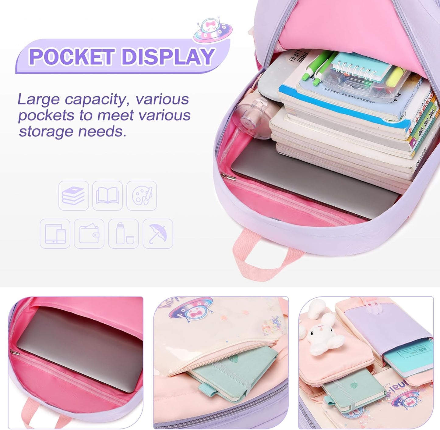 FIXITOK Girls Backpack Set, 3PCS Kids Backpack for Girls, Kawaii Bunny School Backpacks for Girl Kindergarten Elementary Preschool Middle School Bags with Lunch Box Pencil Case Aquamarine