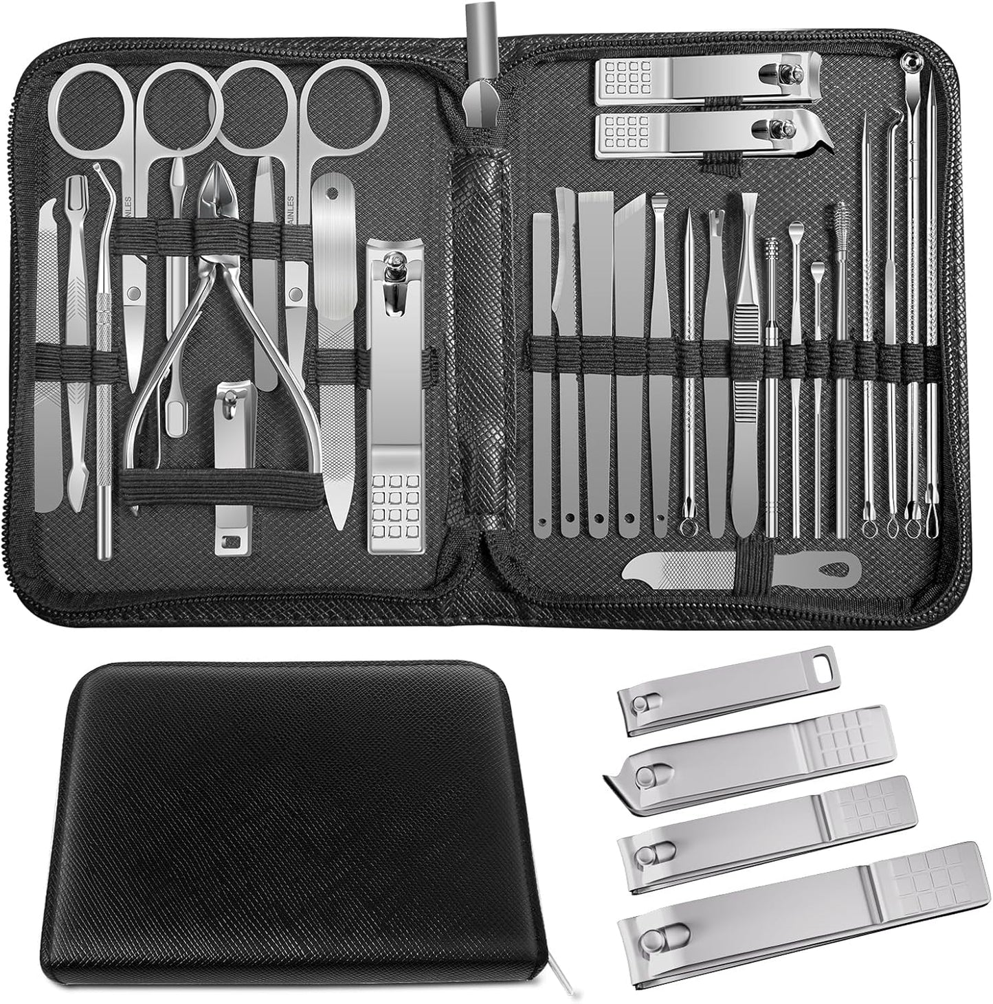 Manicure Set，30 in 1 Mens Set Professional，Nail Clipper for Men，Mens Nail Grooming Kit，Andrea Kit Women，Nail Care Women，with Luxury Leather Bag (Black)
