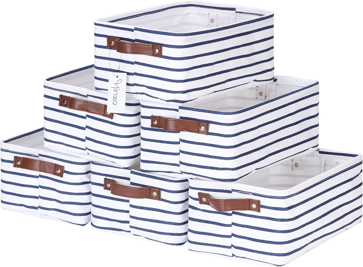 Hinwo 6-Pack Small Canvas Fabric Storage Baskets Set with Handles, Open Storage Bins, Cube Storage Organizer, Shelf Organizer Bins for Closet, 7.9L, 12 x 8 x 5 Inches, Grey Stripe