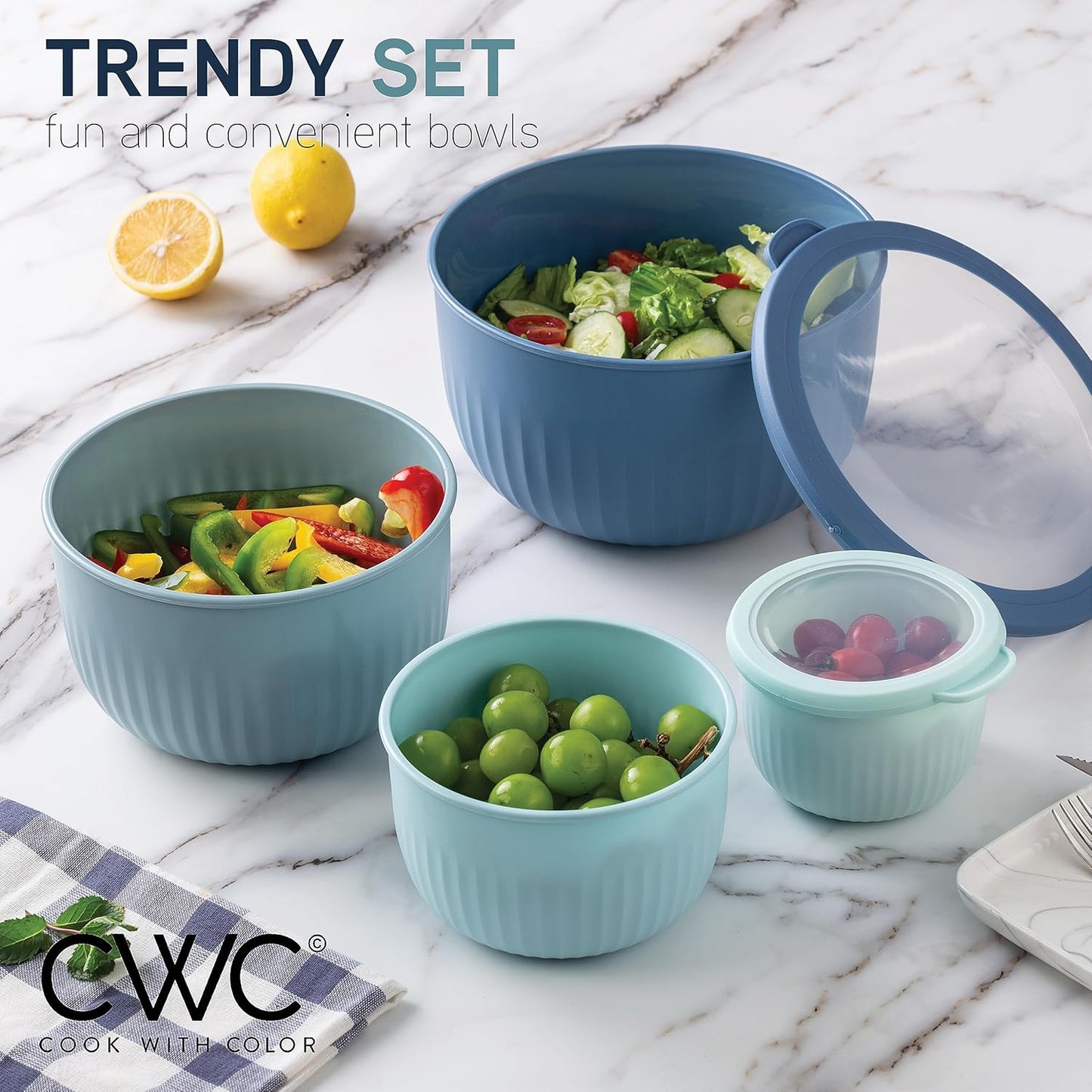 COOK WITH COLOR Prep Bowls with Lids- 8 Piece Nesting Plastic Small Mixing Bowl Set with Lids (Teal Ombre)