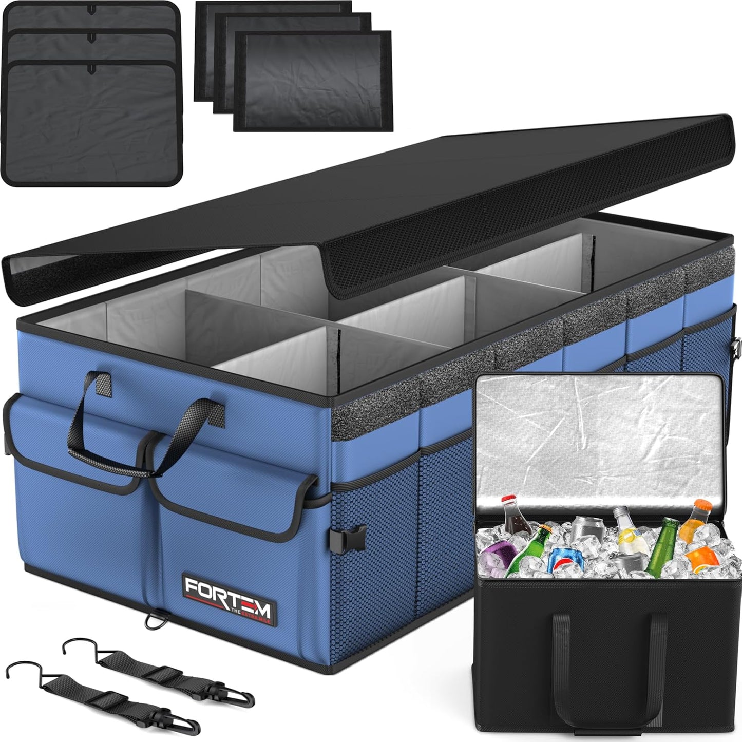 FORTEM Car Trunk Organizer, Collapsible Multi Compartment Car Organizer, Foldable SUV Storage for Car Accessories for Women Men, Non Slip Bottom, Securing Straps, Soft Cover 50L (Black, Standard)