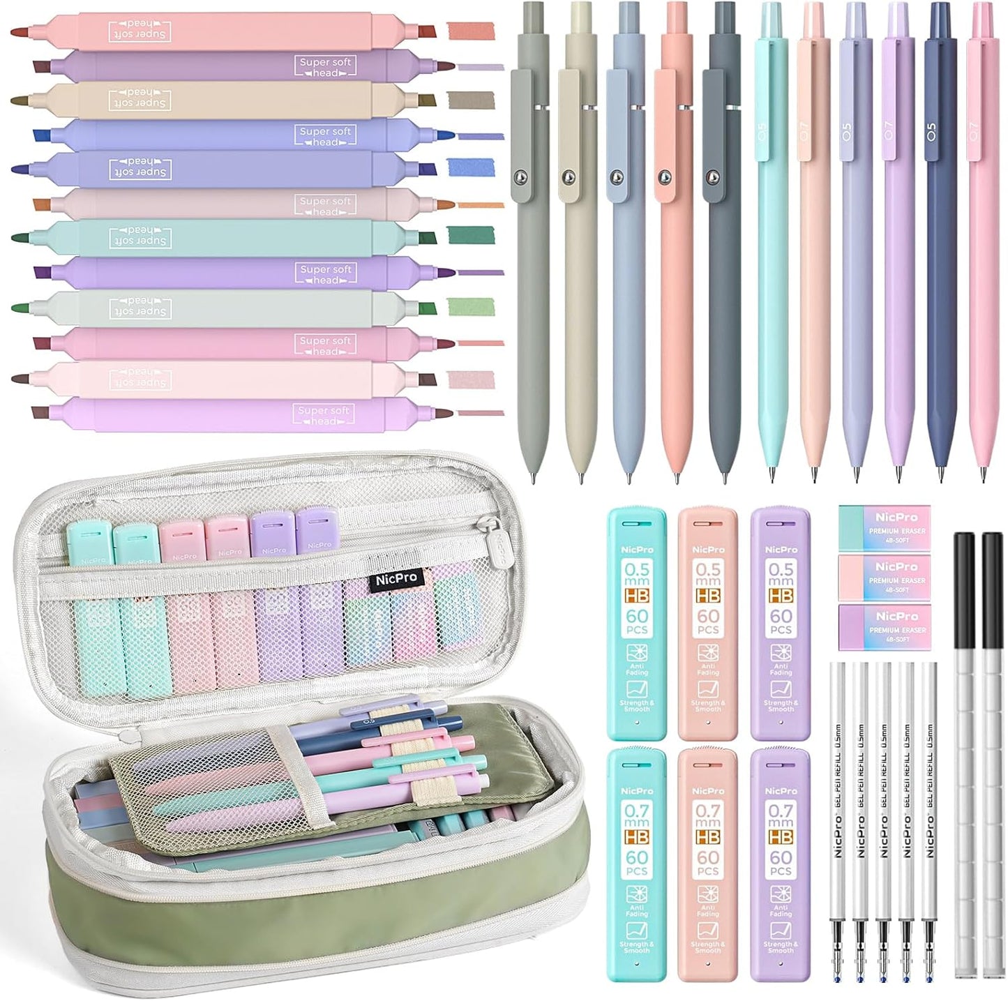 Nicpro 39 PCS Aesthetic School Supplies, Cute Pen Case Stationery Set,Green | 12 Highlighters, 5 Quick Dry Gel Pens, 6 Mechanical Pencils 0.5 & 0.7 mm, Back to School Kit for Student College Essentials