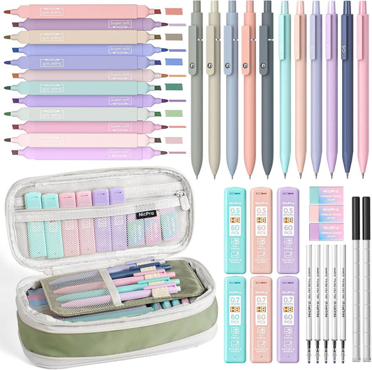 Nicpro 39 PCS Aesthetic School Supplies, Cute Pen Case Stationery Set,Green | 12 Highlighters, 5 Quick Dry Gel Pens, 6 Mechanical Pencils 0.5 & 0.7 mm, Back to School Kit for Student College Essentials