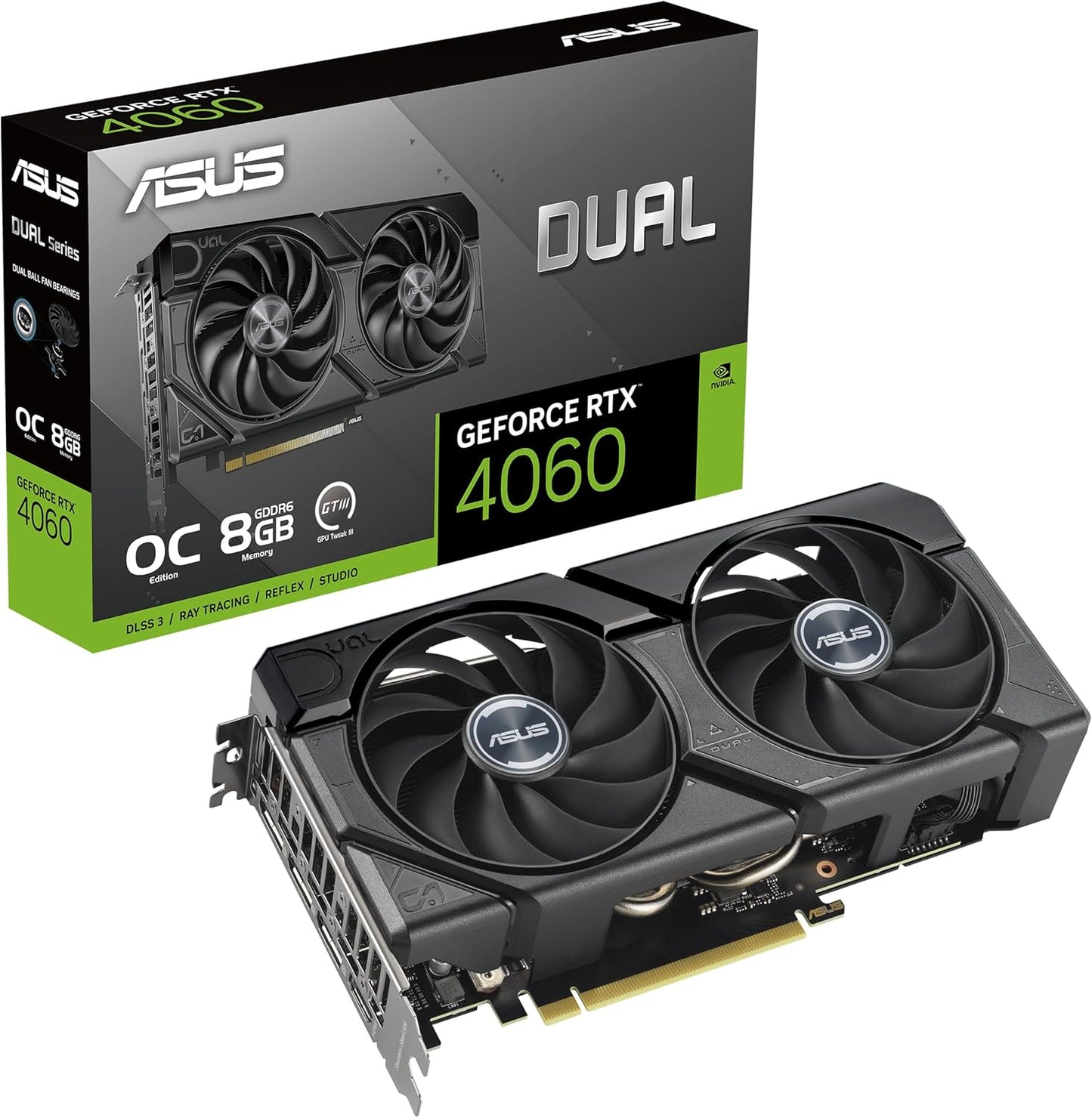 ASUS Dual GeForce RTX 4060 EVO White OC Edition 8GB GDDR6 (PCIe 4.0, 8GB GDDR6, DLSS 3, HDMI 2.1a, DisplayPort 1.4a, Axial-tech Fan Design, 0dB Technology, Dual BIOS, Auto-Extreme Tech)