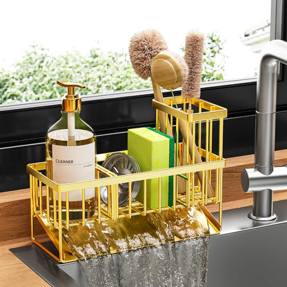 Cisily Kitchen Sink Caddy Organzier with High Brush Holder, Sponge Holder for Sink, 304 Rustproof Stainless, Kitchen Countertop Soap Dispenser Organizer, Kitchen Decor and Accessories (Black)