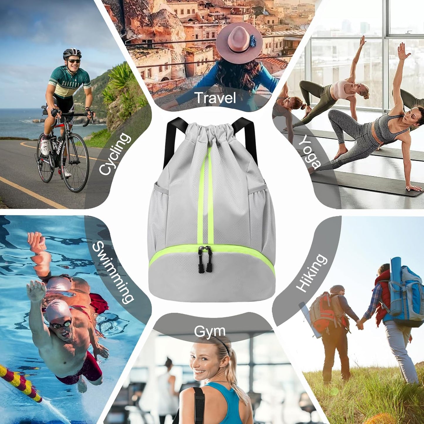 Hoedia Sports Drawstring Backpack - String Swim Gym Bag with Shoes Compartment and Wet Proof Pocket for Women/Men