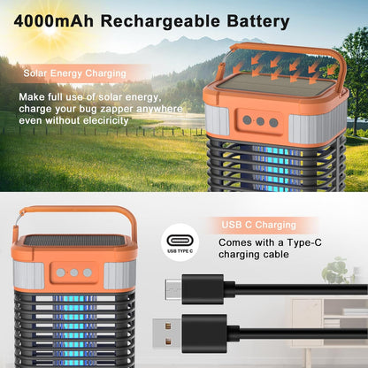 Mosquito Zapper, Solar Bug Zapper 4200V Cordless & Rechargeable Bug Zapper Outdoor with LED Light, Portable Waterproof Electric Fly Zapper with Hook, for Patio Camping Backyard Garden