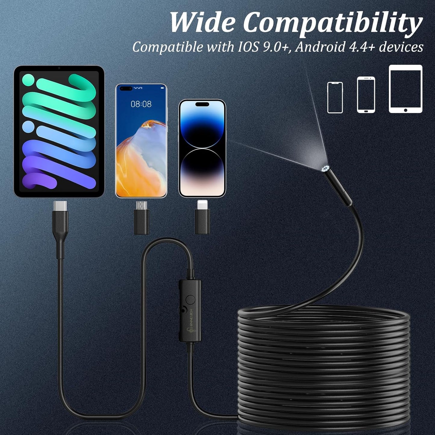 Endoscope Camera with Light, Ennovor 1920P HD, Endoscope Inspection with 8 Adjustable LED Lights, Borescope with Flexible Rigid Snake Camera, IP67 Waterproof and No WiFi Required, for Android iOS