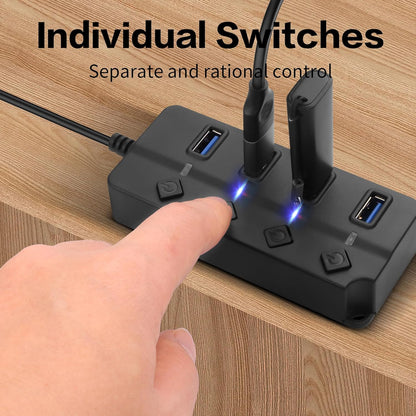 90 Degree USB Hub Splitter YACSEJAO USB 2.0 Data Hub with Individual LED Button On/Off Switch DC5.5 * 2.1 Power Port for Laptop,PC Computer (7 Ports, 1M)