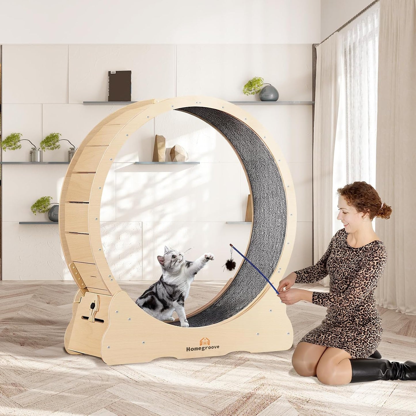 Homegroove Cat Wheel Treadmill, 46" XL Large Cat Exercise Running Wheel with Carpeted Runway, Fitness Weight Loss Device for Kitty’s Longer Life, Natural Wood Color(XL) |