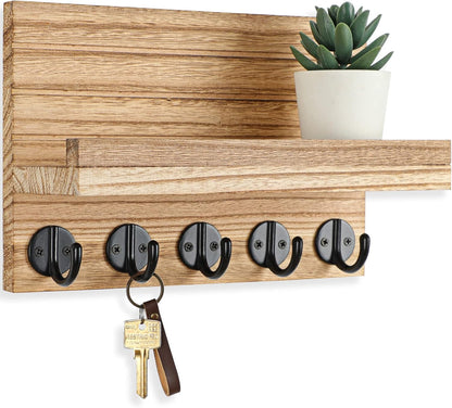 Lwenki Key Holder for Wall, Decorative Key and Mail Holder with Shelf Has Large Key Hooks for Bags, Coats, Umbrella – Paulownia Wood Key Hanger with Mounting Hardware (Black)