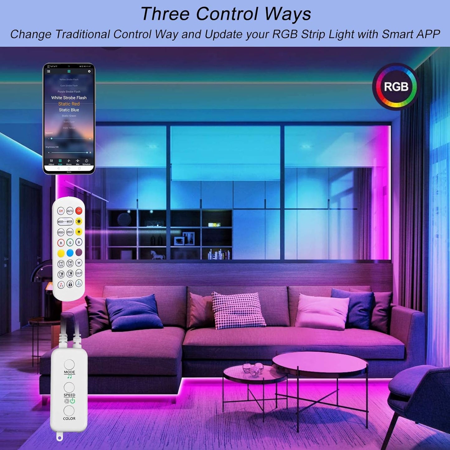 Purilite Select 2-Port RGB LED Strip Light Controller – Bluetooth App Control, Music Sync, Power Adapter Included