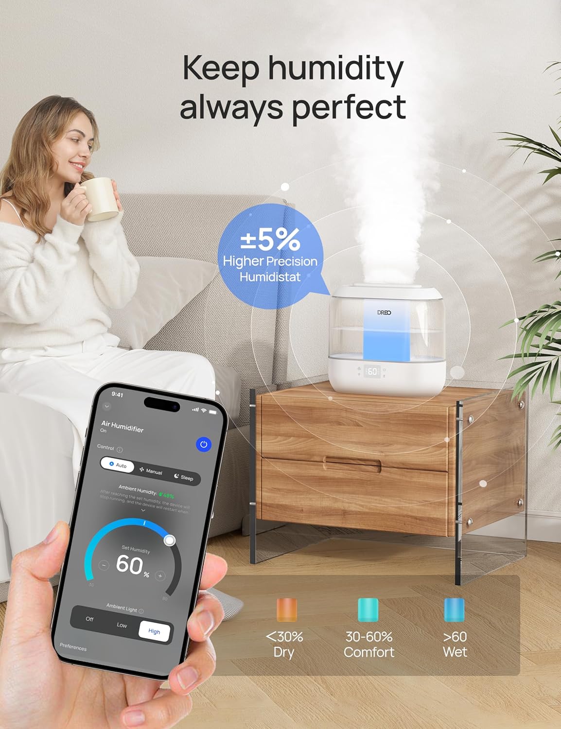 Dreo Smart Humidifiers for Bedroom, Top Fill 4L Supersized Cool Mist Humidifier with Nightlight, 36H Runtime, Touch/APP/Voice Control, 28 dB Quiet Ultrasonic Humidifiers for Large Room, Baby, Plants