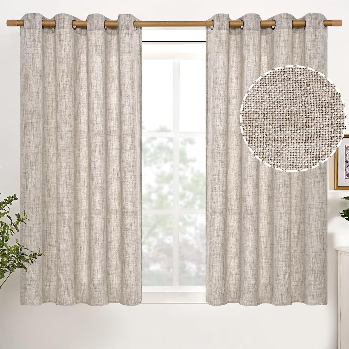 YoungsTex Natural Linen Curtains 84 Inch Long for Living Room Bedroom Grommet Top Light Filtering Privacy Linen Textured Window Semi Sheer Drapes, 2 Panels, 52x84 Inch, Natural