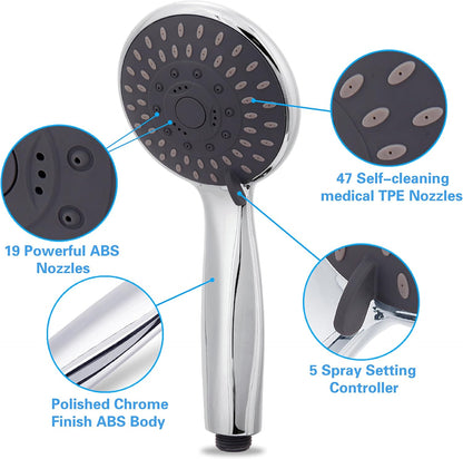Shower Head, High Pressure Handheld Showerhead with Hose, 5 Settings Chrome Finished Hand Held Rainfall Shower Set- Including Bracket Teflon Washer