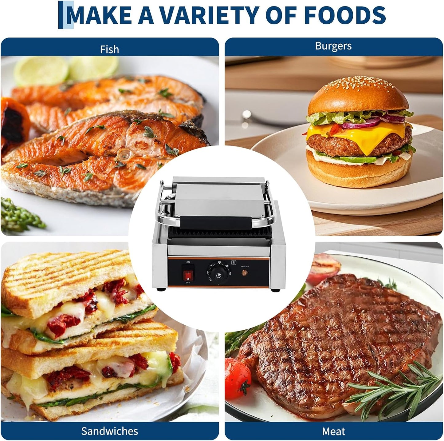 1800W Commercial Panini Press Grill - Stainless Steel Sandwich Maker - 9"x9" Full Grooved Surface - 6 Temp Settings - Ideal for Burgers, Steaks, Cafés - 110V, American Plug - Size: 6-Level