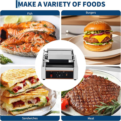 1800W Commercial Panini Press Grill - Stainless Steel Sandwich Maker - 9"x9" Full Grooved Surface - 6 Temp Settings - Ideal for Burgers, Steaks, Cafés - 110V, American Plug - Size: 6-Level