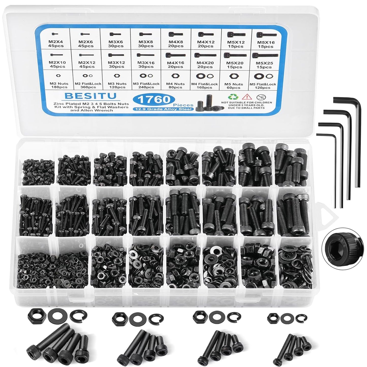 1705 Pcs Machine Screw Assortment Kit, M2 M3 M4 M5 Metric Bolts and Nuts Kit with Lock and Flat Washers, Hex Button Head 10.9 Alloy Steel Cap Screw Set with Allen Wrench