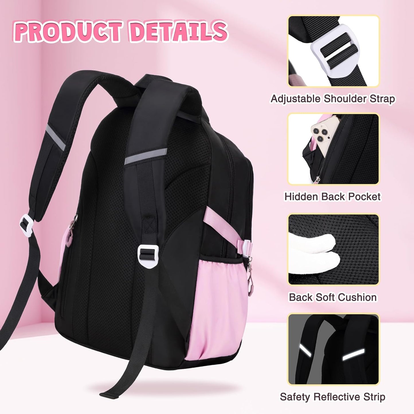 DIGOBAY Girls Backpack, School Backpack for Girls with Lunch Box Pencil Case Set for Teen Kids Girl Elementary Primary Middle High College School Bookbag with Cute Pins Pink