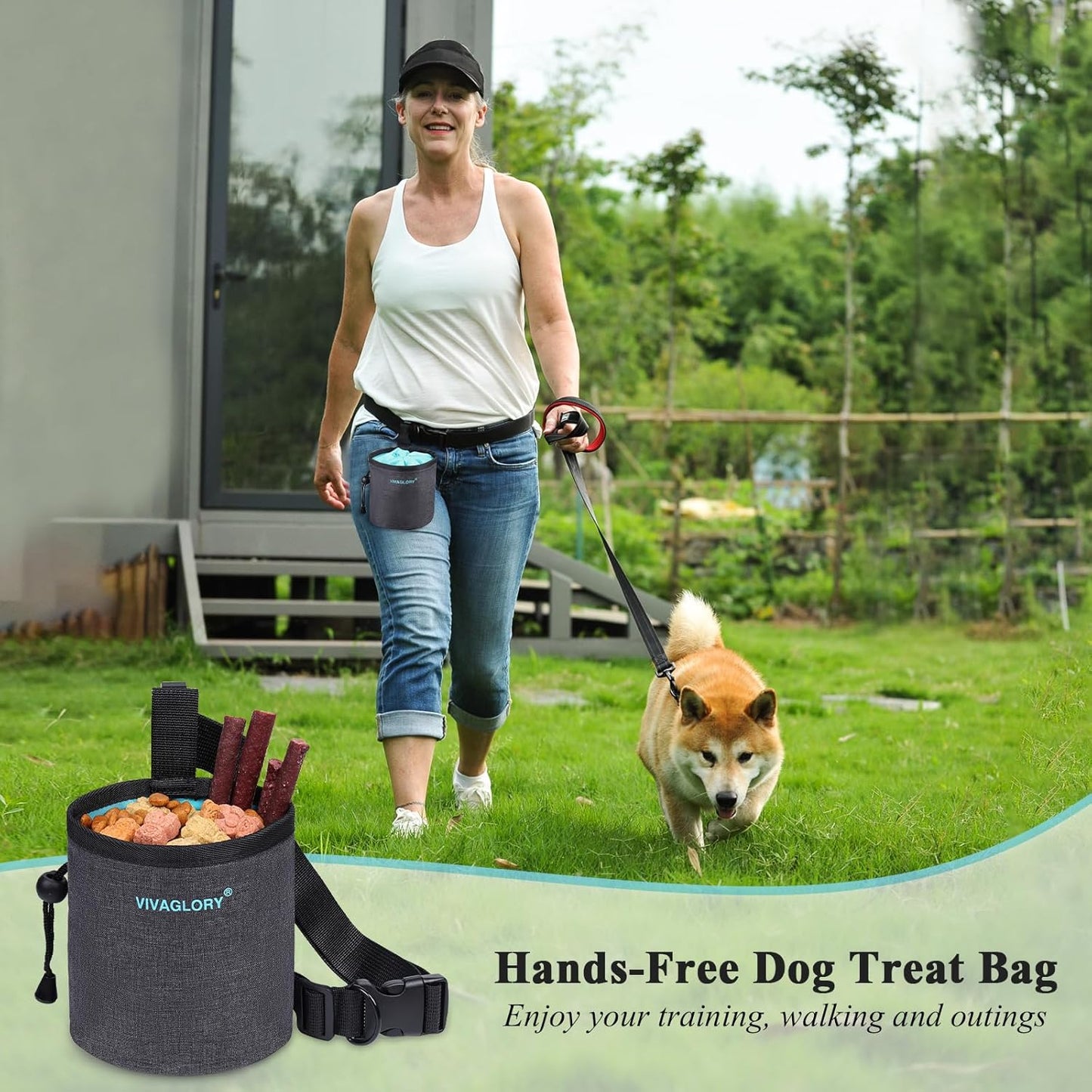 VIVAGLORY Dog Treat Bags, Puppy Pet Dog Training Treats Pouch Hands-Free 2 Ways to Wear with Adjustable Waistband and Built-in Dog Waste Bag Dispenser, Heather Black