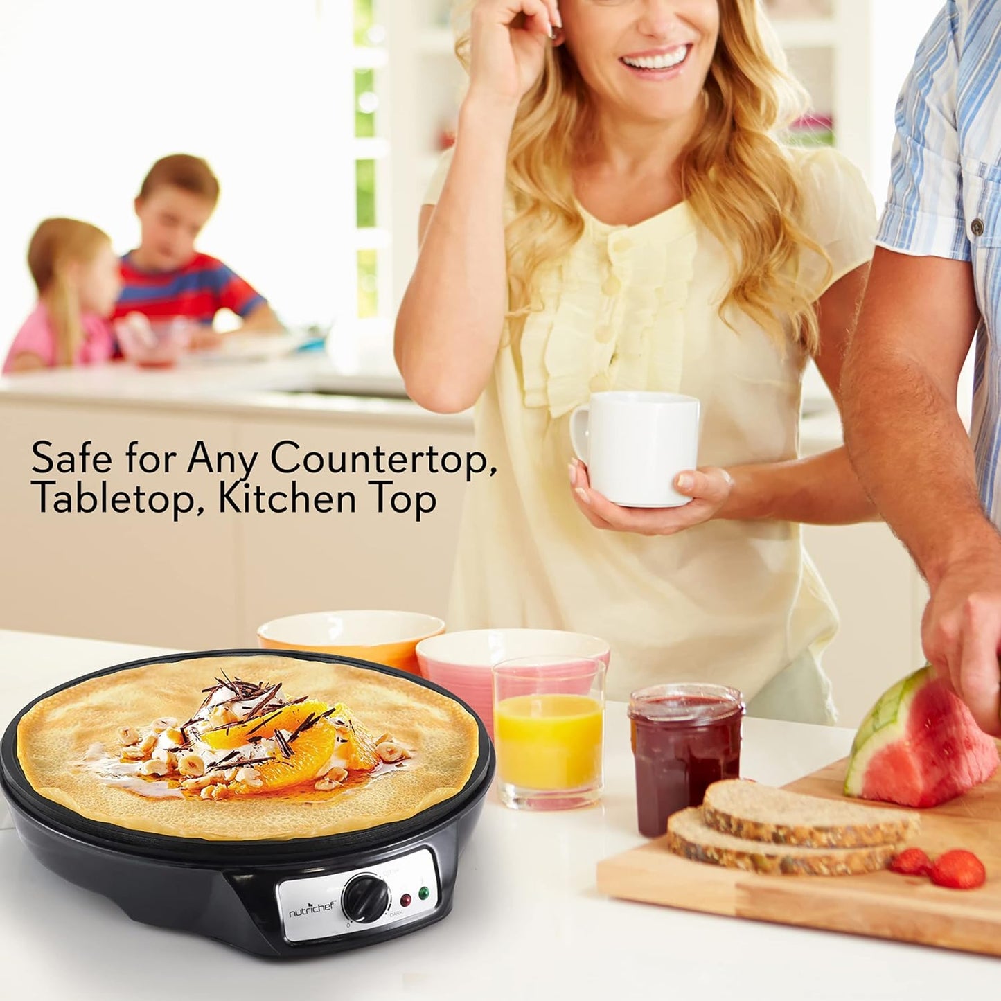 NutriChef Electric Crepe Maker, Cooks Roti, Tortillas, Pancakes, Nonstick Cooktop, 8-inch Cook Area On/Off Switch, Automatic Temperature Control & Cool Touch Handle, Includes Food Bowl, Whisk, Spatula