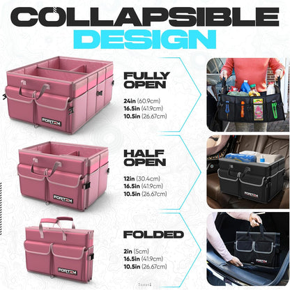 FORTEM Car Trunk Organizer, Collapsible Multi Compartment Car Organizer, Foldable SUV Storage for Car Accessories for Women Men, Non Slip Bottom, Securing Straps, Soft Cover 50L (Black, Standard)