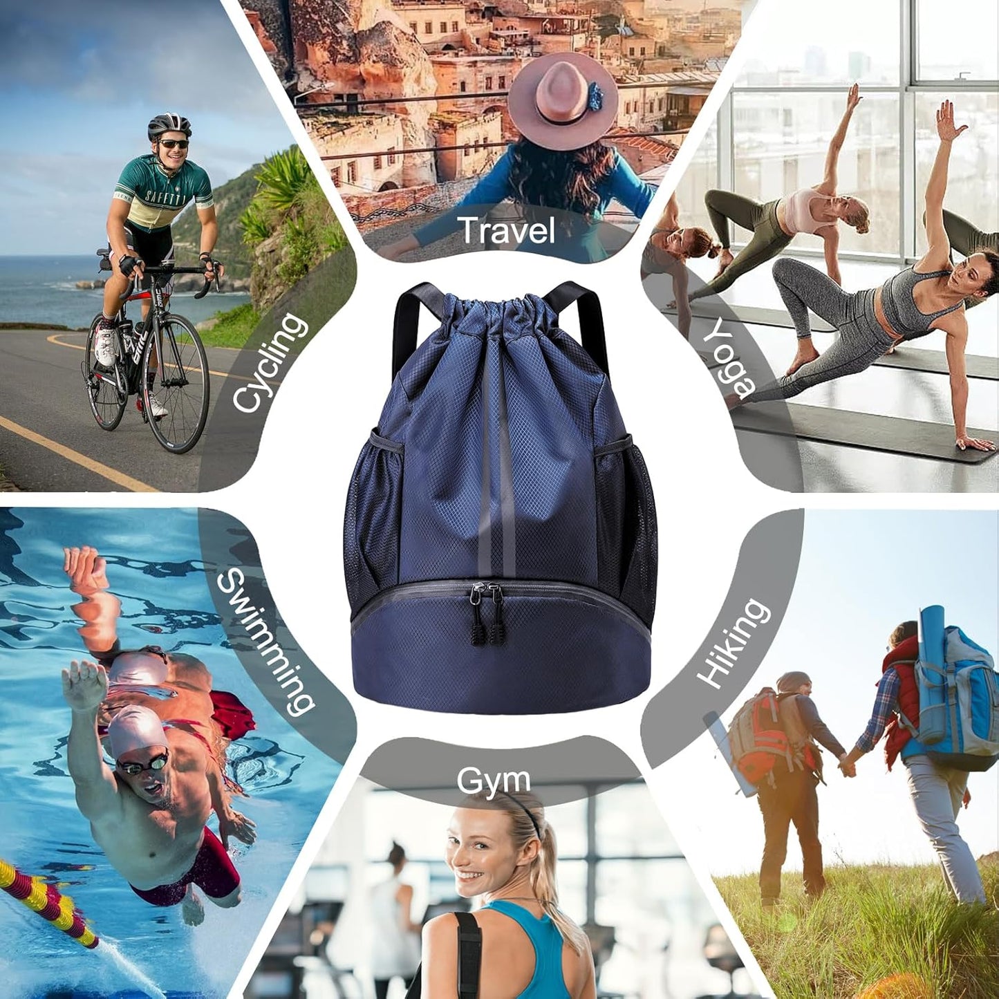 Hoedia Sports Drawstring Backpack - String Swim Gym Bag with Shoes Compartment and Wet Proof Pocket for Women/Men