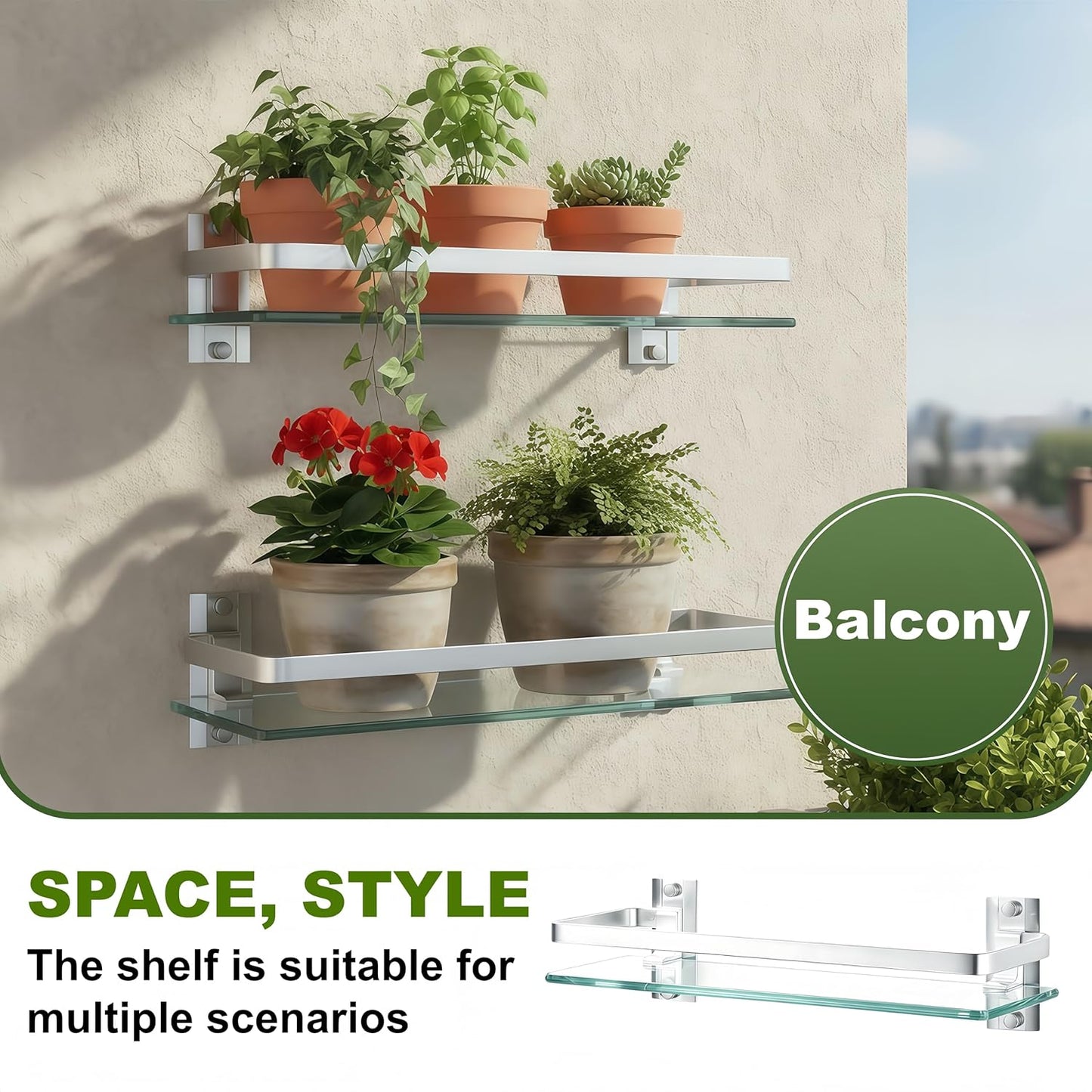 Bathroom Glass Shelf 15.7" Silver Wall-Mounted, Floating Metal Storage Rack | 3 Pack Aluminum Tempered Glass 0.3in Extra Thick Rectangular，Space-Saving Design