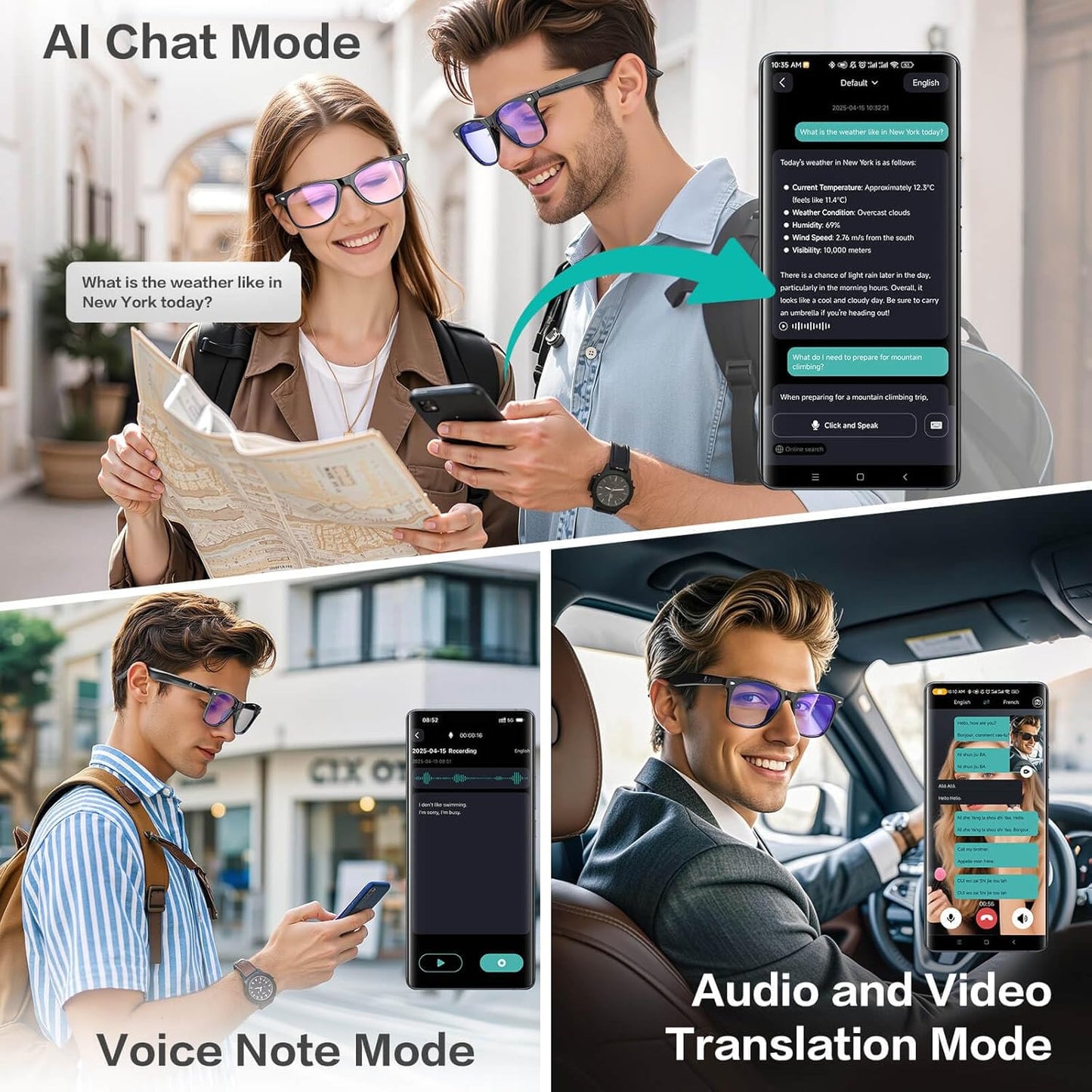 2025 AI Translation Smart Glasses for Men Women,7 Day Ultra-Long Standby,Anti-Blue Light/UV400,Bluetooth Glasses with 163 Translation,IP65 Waterproof,Multifunctional Sunglasses for Android iOS Black