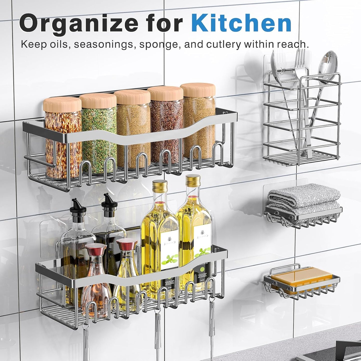 EUDELE 5-Pack Rustproof Stainless Steel Shower Caddy – No Drill Adhesive Bathroom Organizer with Large Capacity, Spacious Shower Shelves for Inside Shower, Kitchen & Home Decor Storage