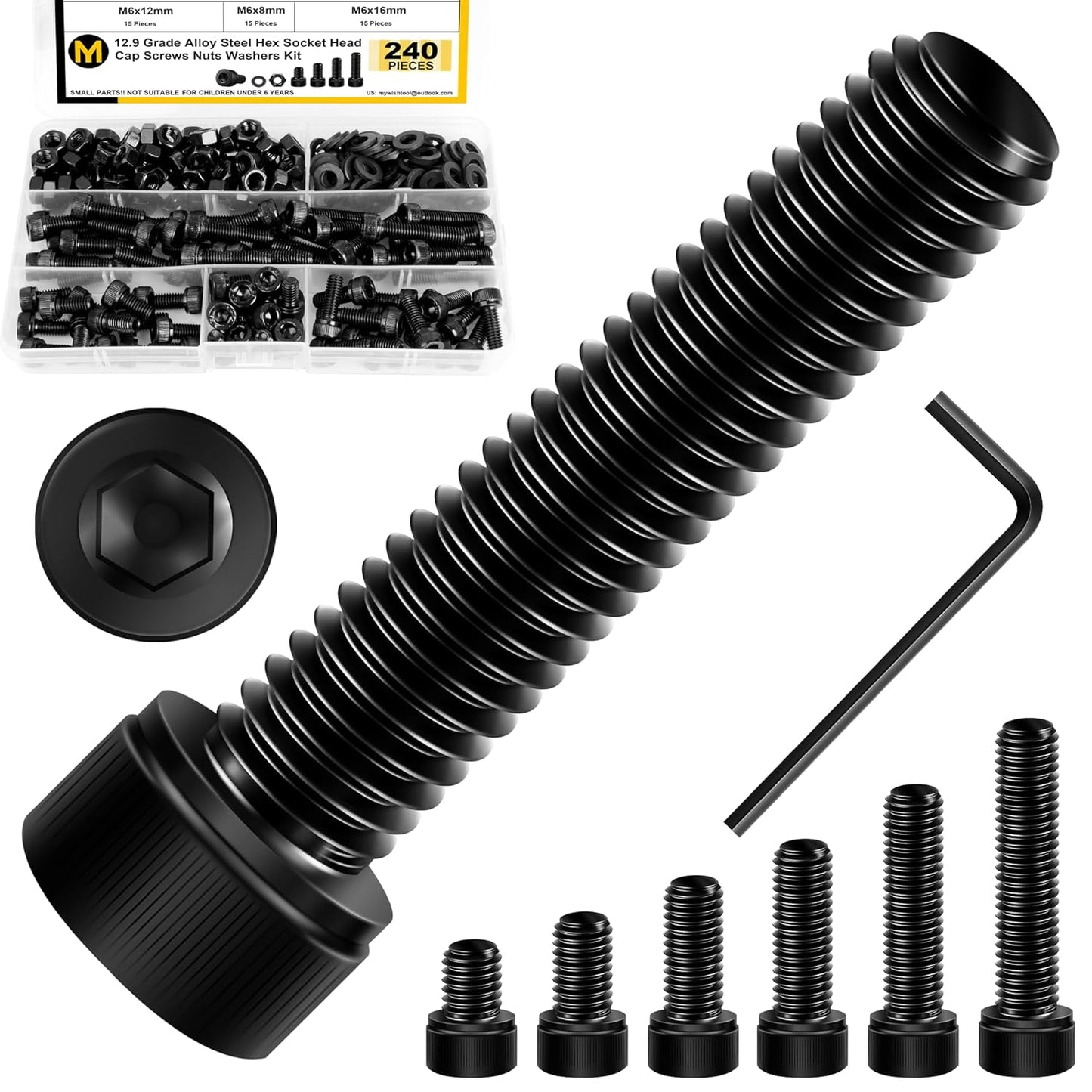 Mywish 900Pcs Metric Screw Assortment, M3 M4 M5 M6 Screw Assortment Kit 304 Stainless Steel Hex Socket Button Head Socket Cap Metric Screws Bolts & Flat Washers/Nuts/Hex Wrenches 16 Sizes 8MM to 20MM