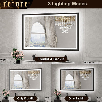 TETOTE 28x36 LED Mirror for Bathroom Black Metal Frame Frontlit & Backlit Lighted Vanity Mirror Baroque Gothic Anti Fog Stepless Dimmable White/Warm/Natural,Wall Mounted(Horizontal/Vertical)