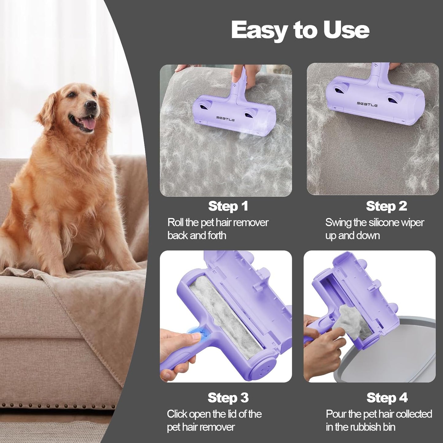 Sebtle Pet Hair Remover Roller,Reusable Animal Hair Removal Brush for Dogs and Cats,Lint Remover Easy to Clean Pet Fur from Carpet,Sofa,Bedding,Furniture and Rugs-Grey